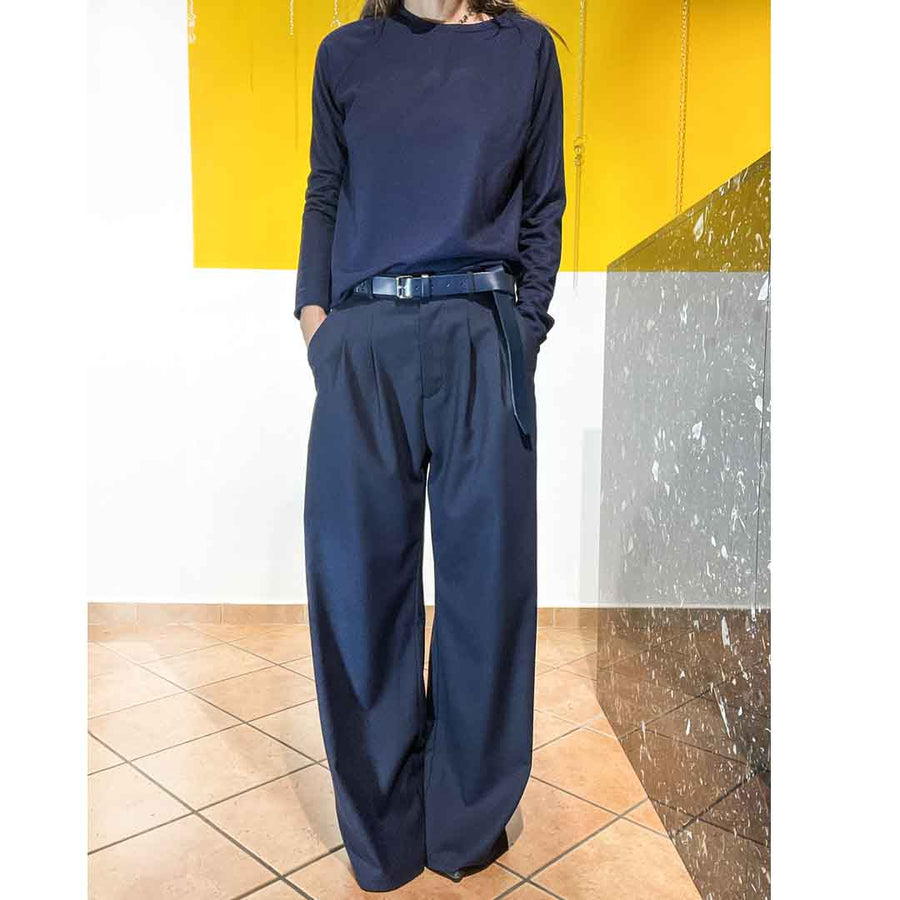 GOTHAM -Pantalone wide legs misto lana - blu navy