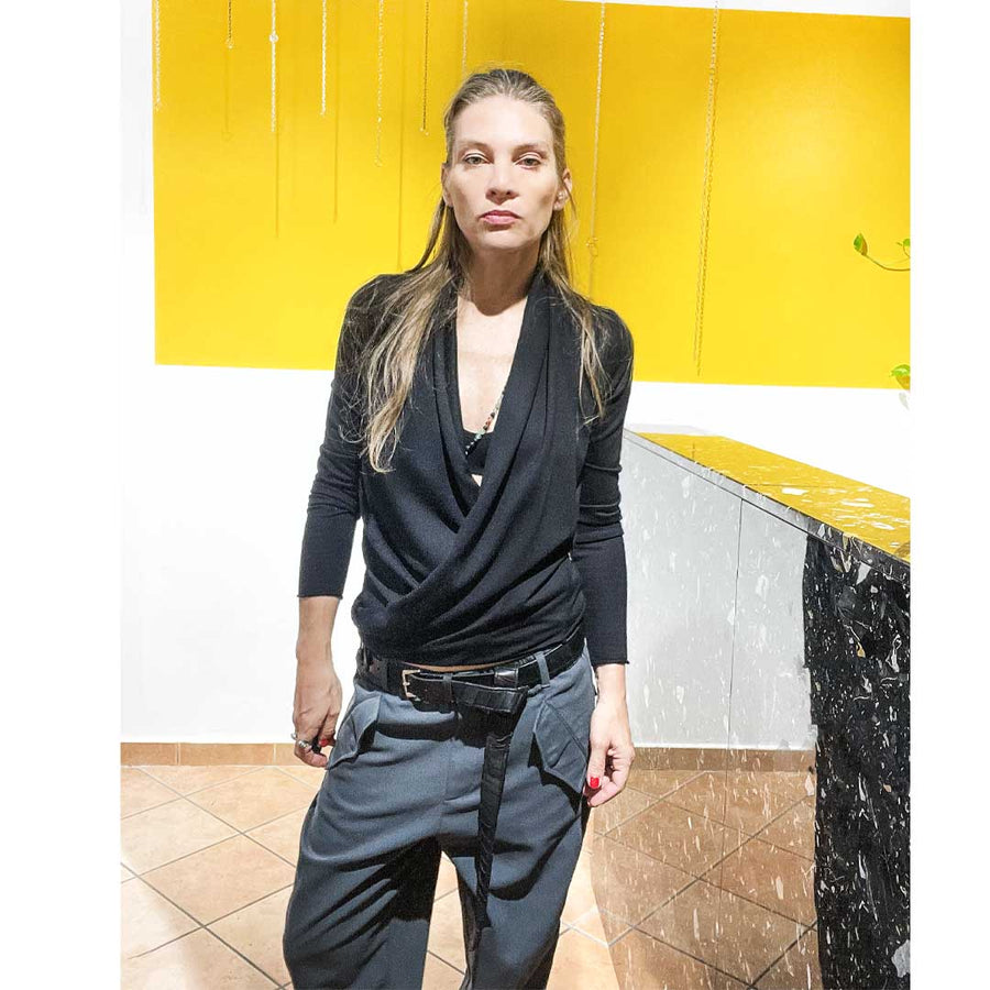 MORGAN - Maglia incrociata 100% lana vergine sottile - colore nero