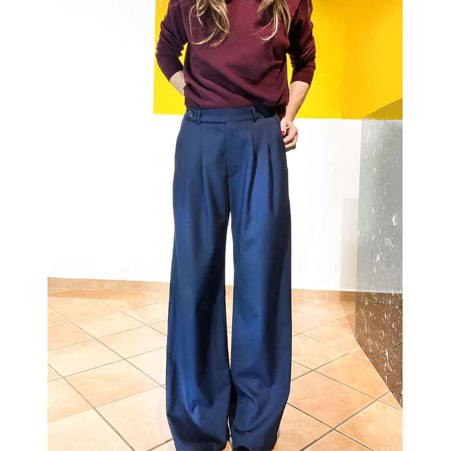 GOTHAM -Pantalone wide legs misto lana - blu navy