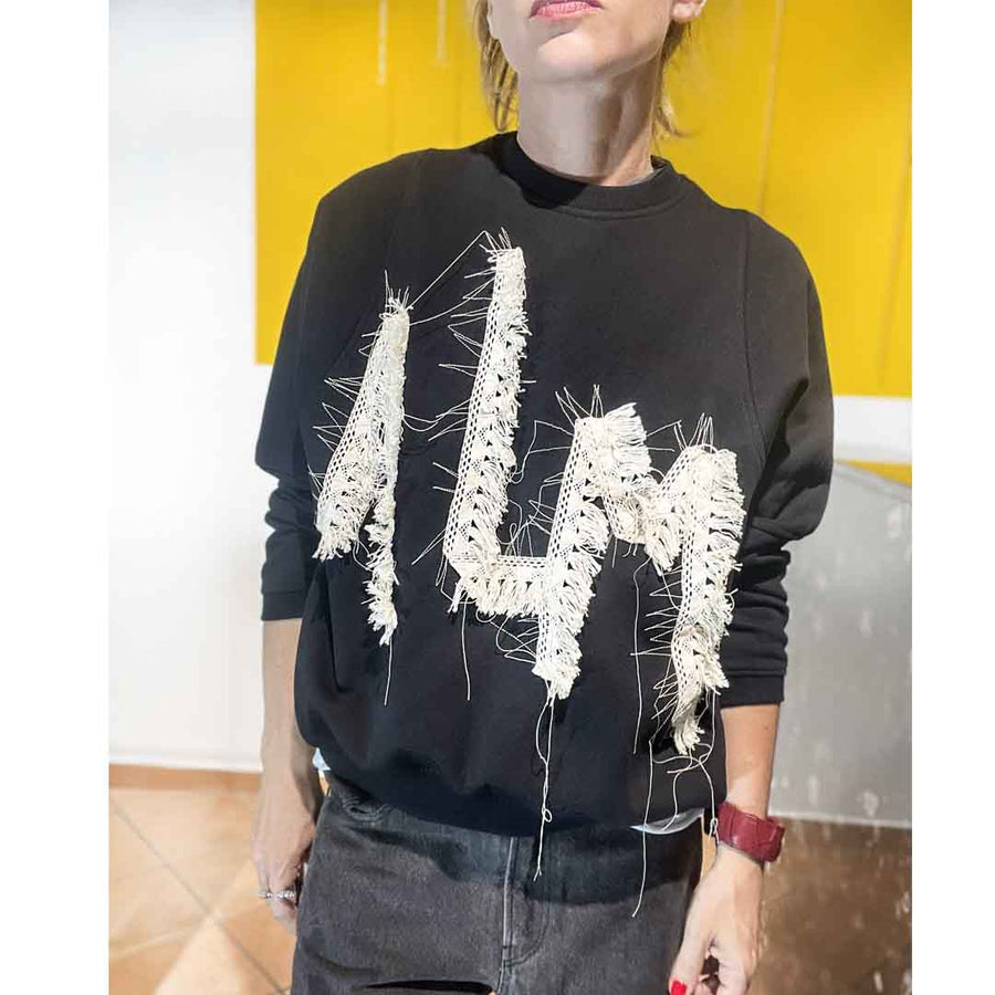 MOOD LACE  - Felpa nera con applicazione contrasto in cotone